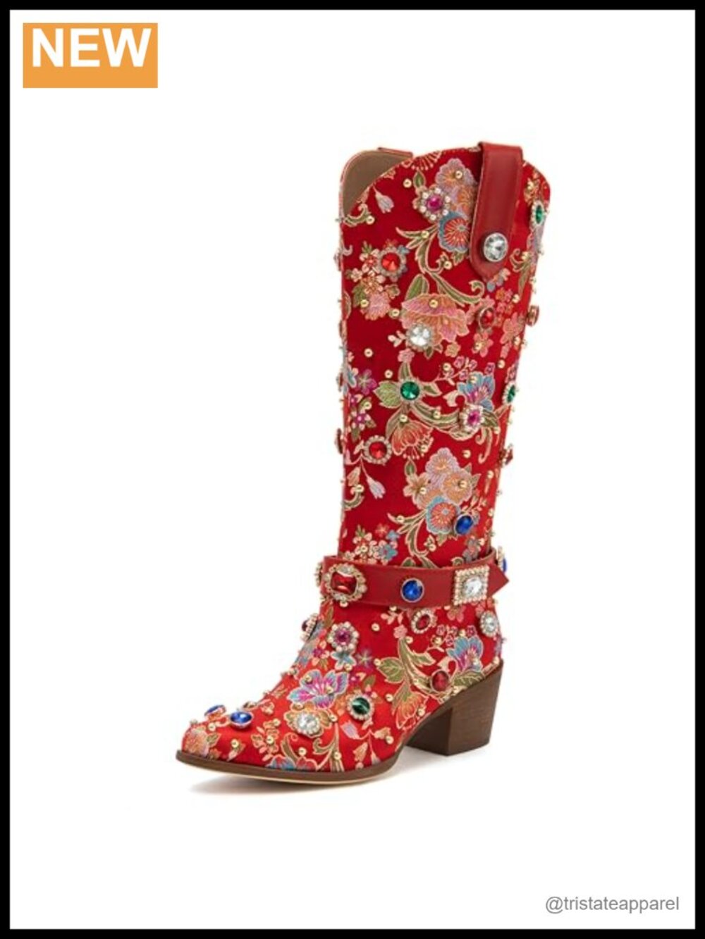 Rhinestone Cowgirl Boots Pointed Toe Chunky Heel Mid-Calf Faux Leather